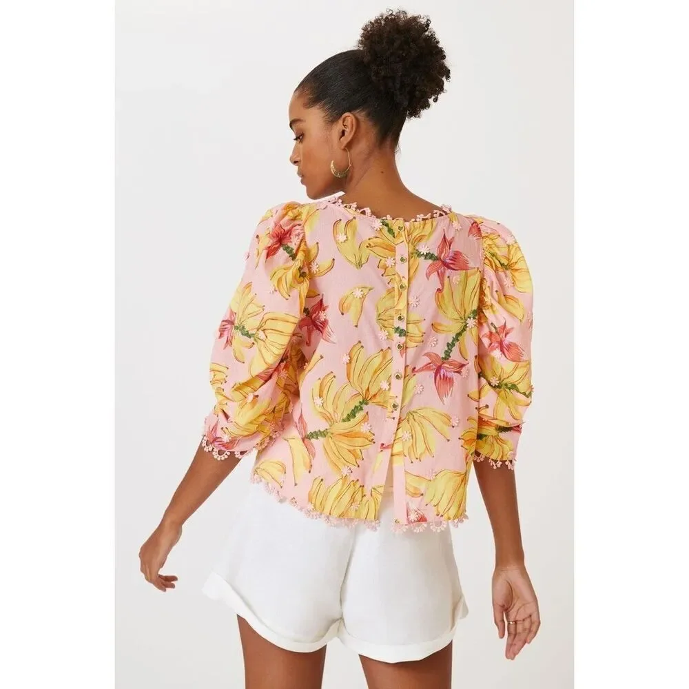 Anthropologie Farm Rio Banana Taste Applique Puff Sleeve Blouse Pink Small S NEW